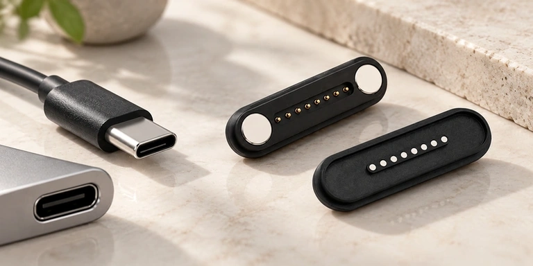 Eight-contact magnetic pair compared with USB-C plug and socket.