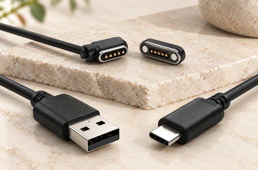 USB-A, USB-C and five-contact magnetic cable heads in a new scene.