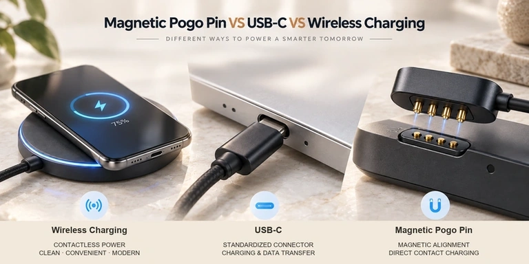 Wireless, USB-C and four-contact magnetic charging comparison with original explanations.