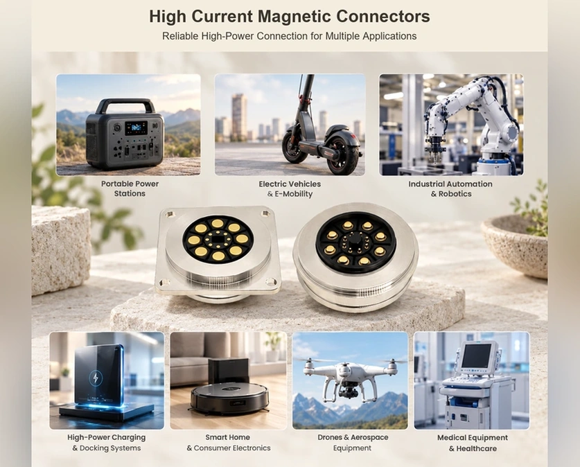 High-current magnetic connector pair and seven application examples with original title.
