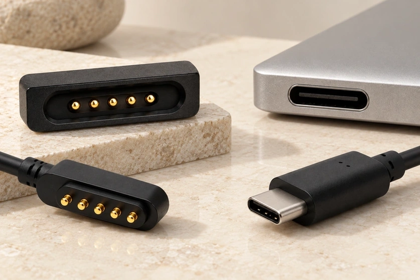 USB-C and five-contact magnetic plugs and ports in a new pale scene.