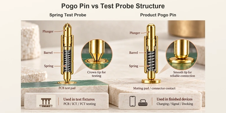 Spring test probe and product pogo pin cutaways with their original structural and application labels.