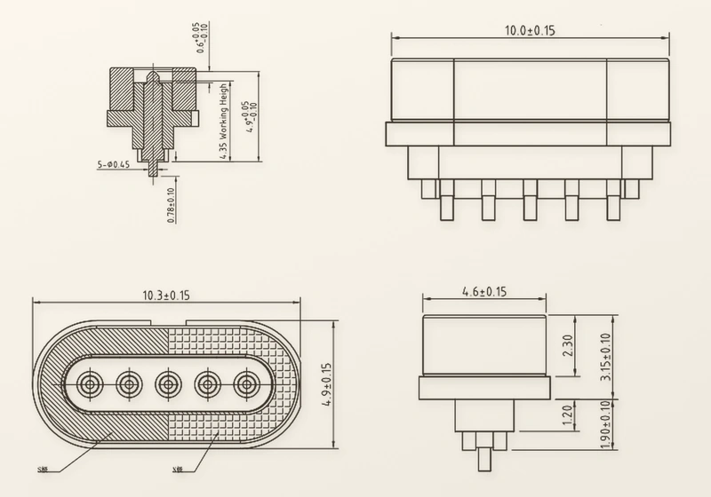 Original five-contact dimensional drawing with all tolerances and section annotations retained.