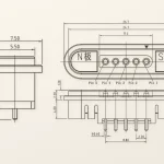 Original five-contact housing dimensional drawing, pin numbers and north/south magnet labels retained.