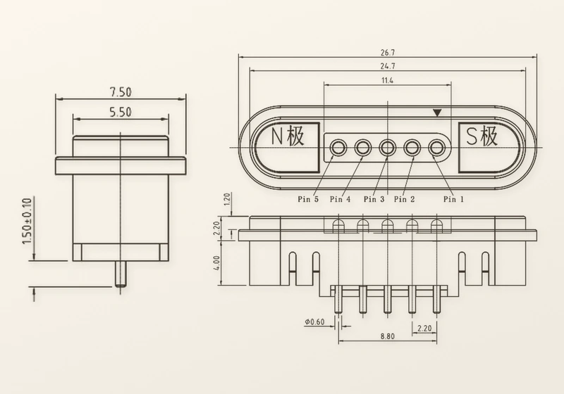 Original five-contact housing dimensional drawing, pin numbers and north/south magnet labels retained.