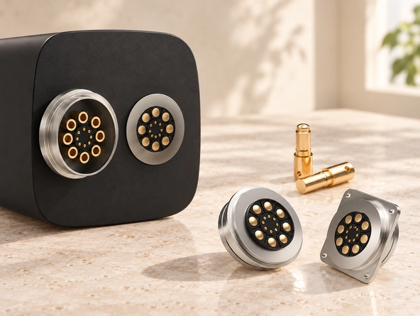 Original circular high-current connector pair, matching loose connectors and two spring contacts in a pale studio arrangement.