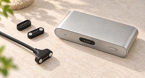 Four-contact power bank, original magnetic cable head and two mating counterparts on a pale stone surface.