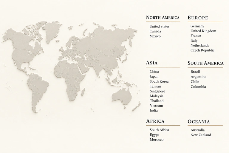 Six original world regions and their complete country lists in a pale embossed-map infographic.