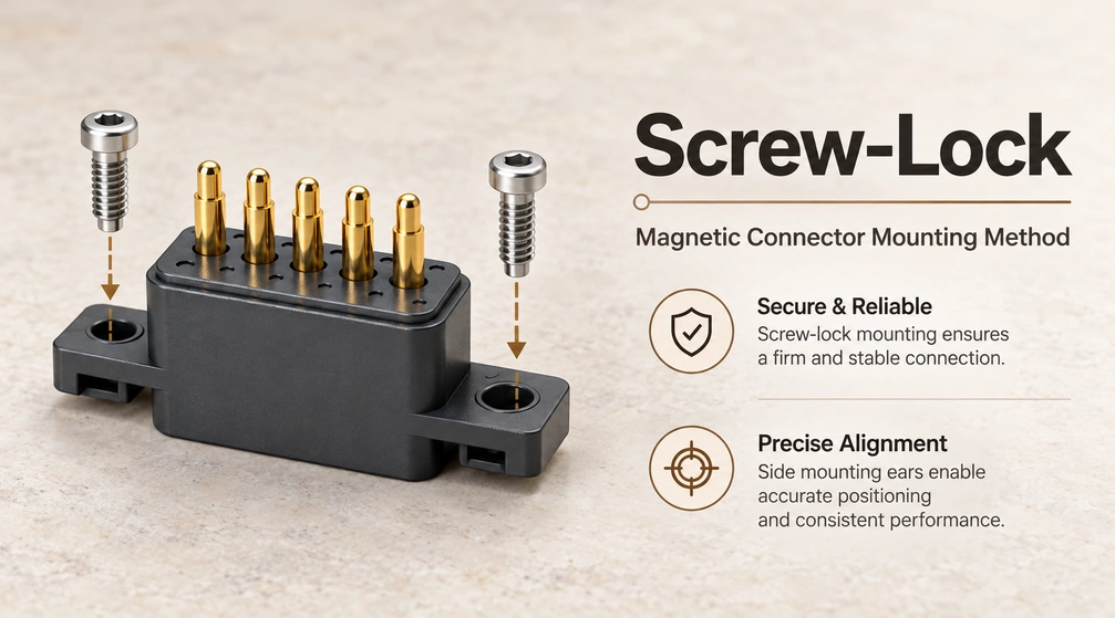 Five-contact screw-lock housing, two screws and the original mounting and alignment explanations.
