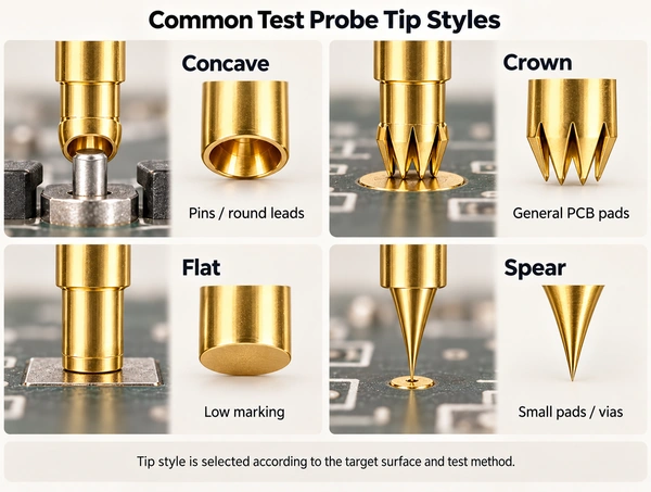 Four original probe-tip types, paired enlarged views and their original surface selection captions.