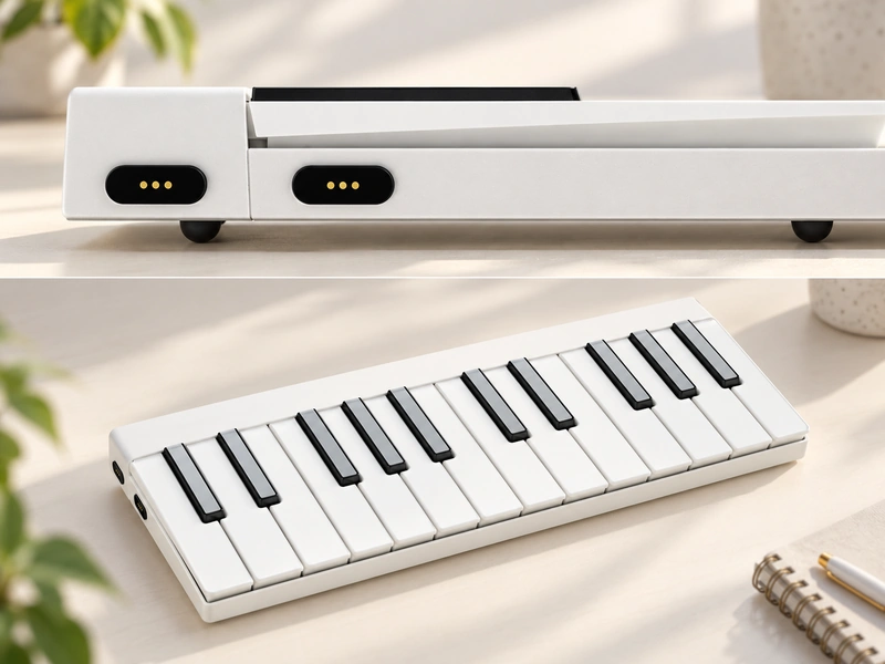 Original modular keyboard and two three-contact side interfaces in a new pale desk composition.
