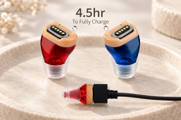 Five-contact red and blue hearing aids and the original charging side view with the illustrated 4.5-hour charging caption.