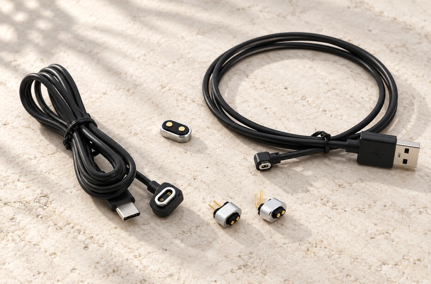 Original USB-A and USB-C two-contact magnetic cables, two DIP connector bodies and matching loose pad on pale limestone.