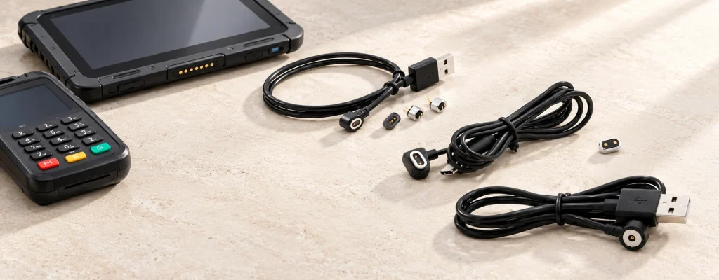 Three original magnetic cable assemblies, matching loose connector bodies and a seven-contact tablet dock in a pale device scene.