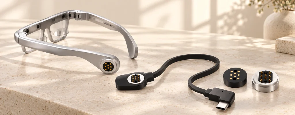 Original smart glasses and four eight-contact mating interfaces, including a complete USB-C cable, in a pale product scene.