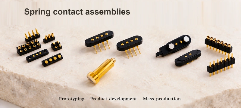 Repositioned original spring contacts, DIP connectors and magnetic mating pairs in a pale technical composition without supplier branding.