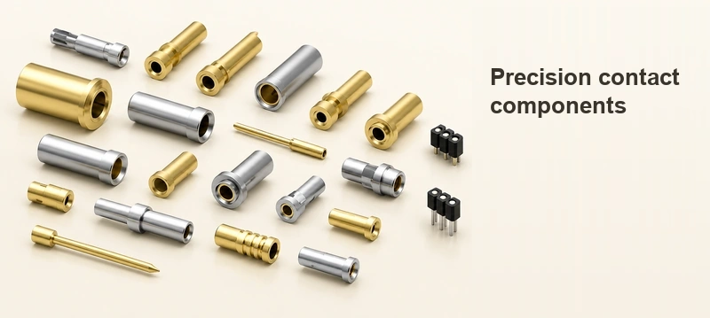 Repositioned original gold and silver receptacles with two header arrays in a pale technical composition without supplier branding.
