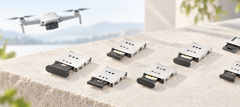 Original slim silver socket trays and a drone application scene, repositioned in a pale setting without supplier branding.