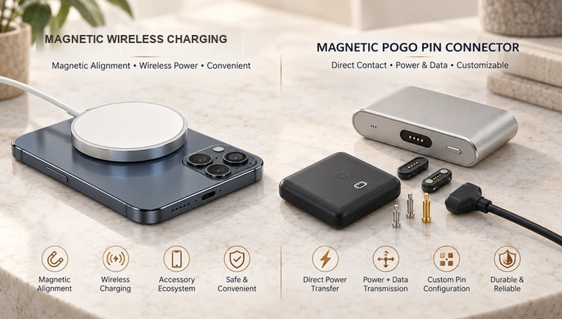 Magnetic wireless charging and conductive spring-contact components in a pale comparison photograph.