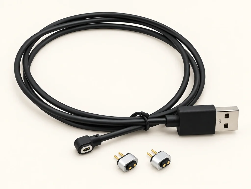 Two-contact USB-A magnetic cable with complete coil and two original silver DIP connector tips.