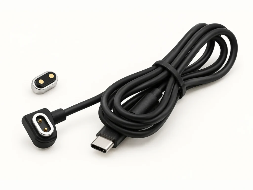 Two-contact USB-C magnetic cable and its separate two-pad silver receptacle.