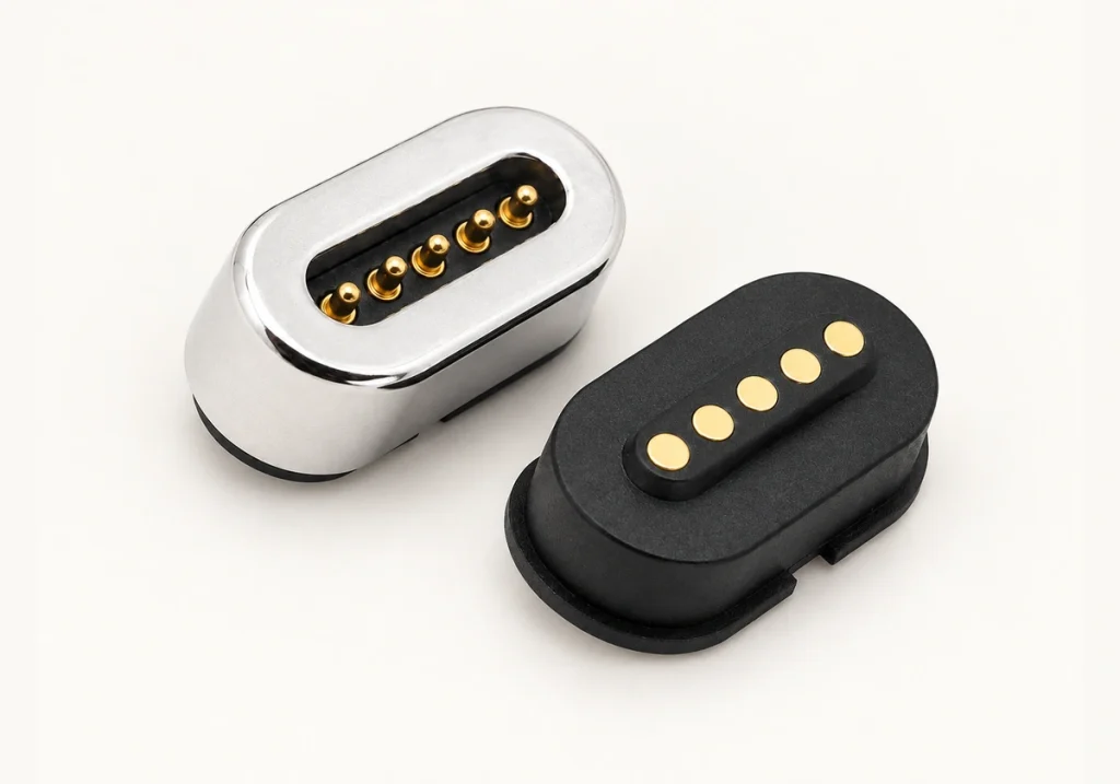 Five-contact silver pin connector and its original all-black five-pad mating half.