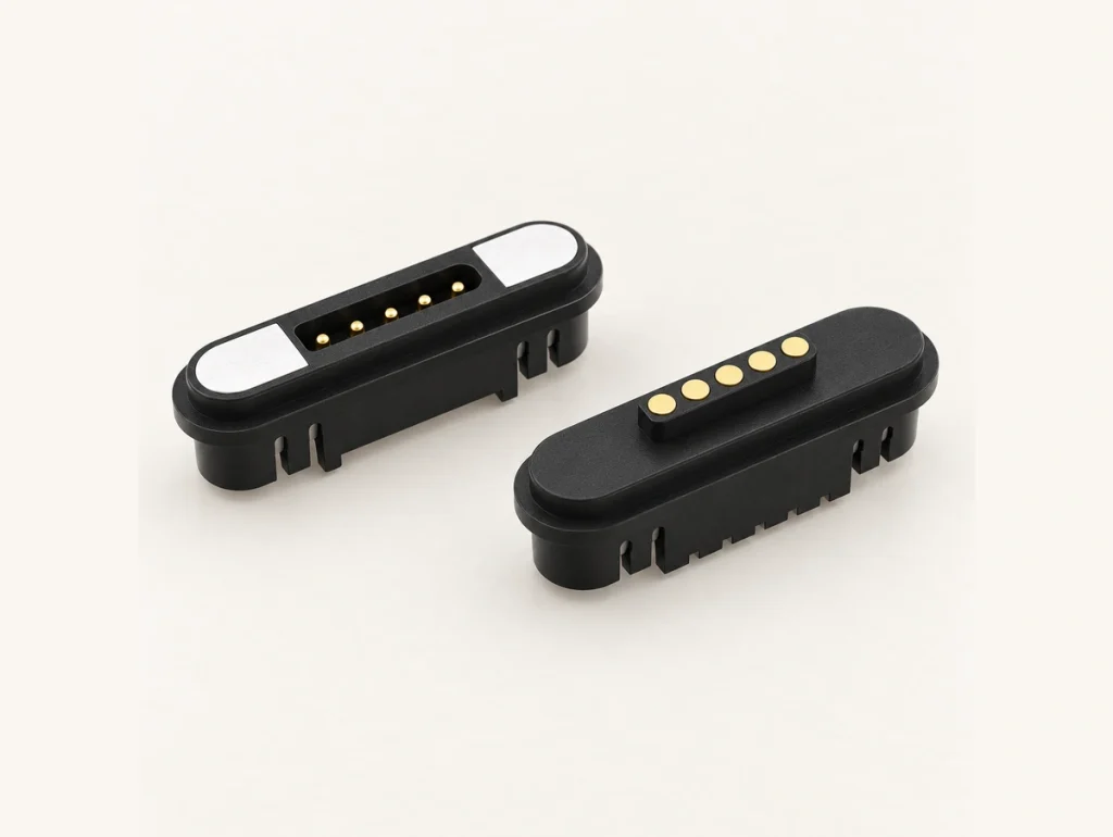 Five-contact black mating pair with mounting grooves and rectangular end magnets.