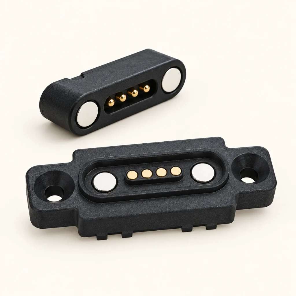 Four-contact black plug and matching flanged base with two original screw holes.