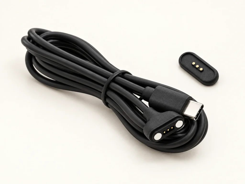 Three-contact USB-C magnetic cable bundle and separate three-pad device receptacle.