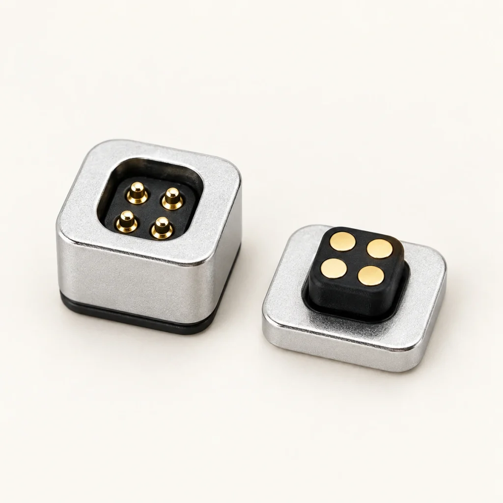 Four-contact square silver mating connectors with the original two-by-two contact pattern.