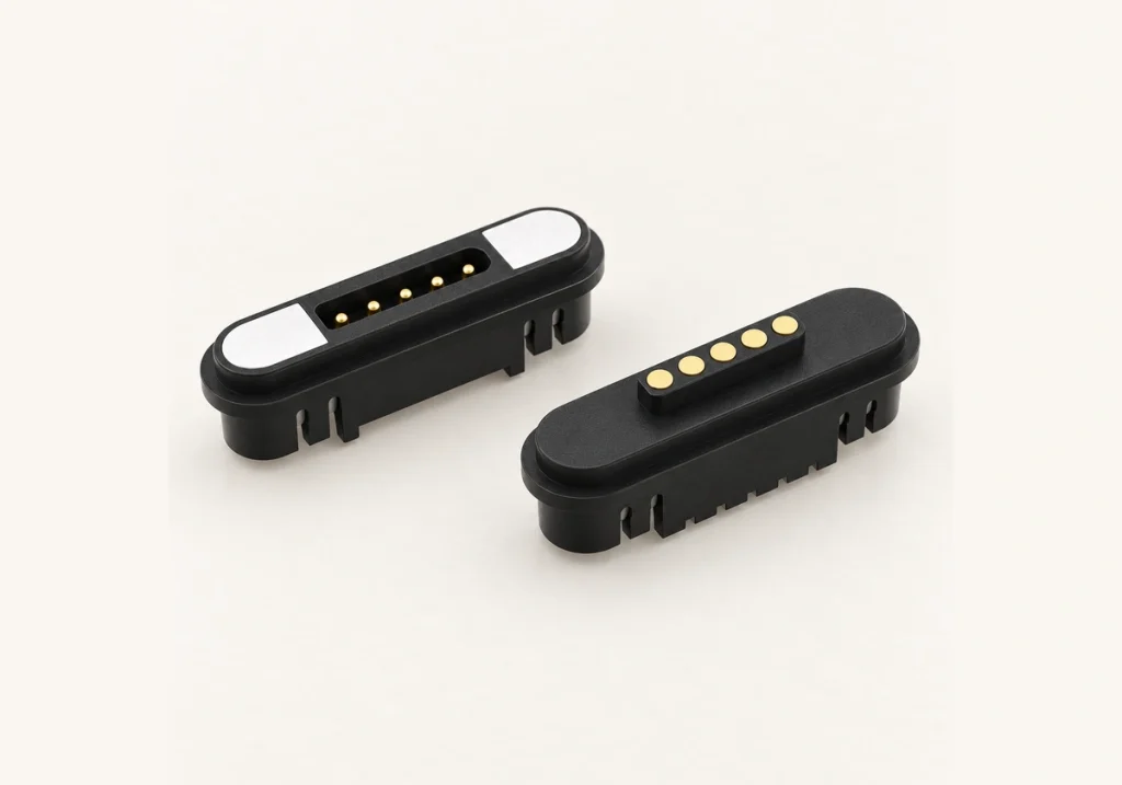 Five-contact black mating pair with mounting grooves and rectangular end magnets.