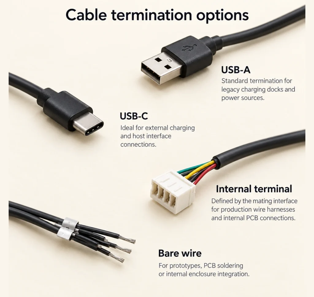 USB-A, USB-C, internal terminal and bare-wire cable termination options.