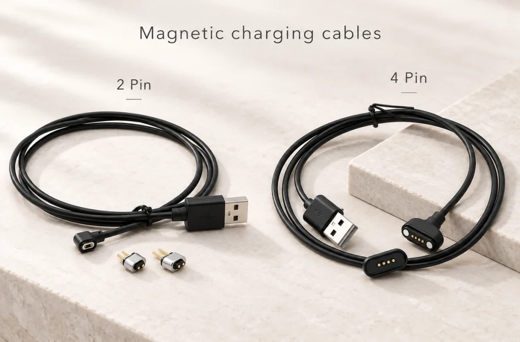Complete two-contact and four-contact USB-A magnetic cables with their original matching parts.