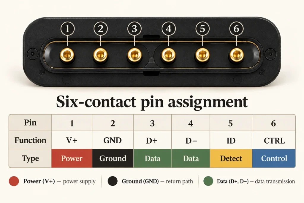Original six-contact magnetic connector pin assignment and power, ground and data functions.