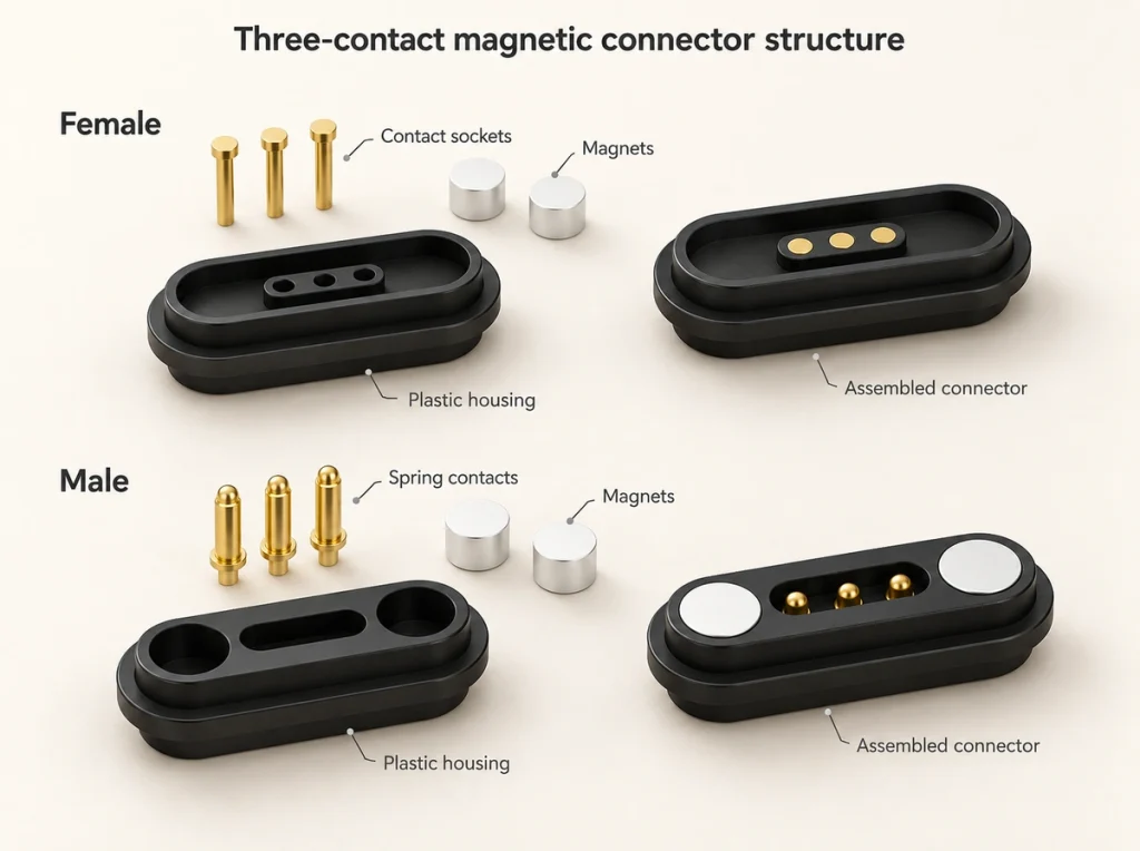 Original three-contact magnetic connector exploded structure and mating pair.