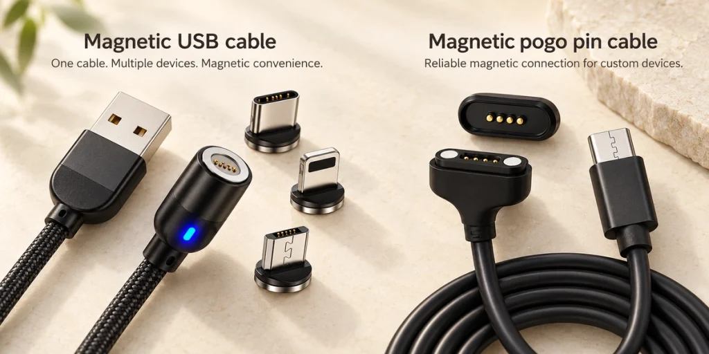 Magnetic pogo cable and magnetic USB cable with all three original detachable tips.