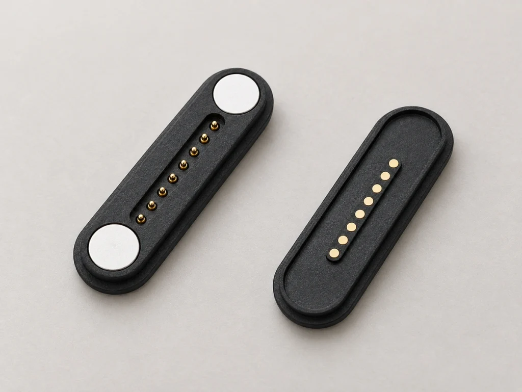 Eight-contact black capsule mating connectors with two circular end magnets on the pin half.