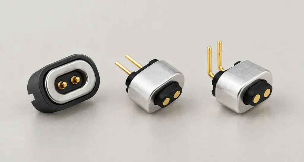 Two-contact magnetic connector and two original silver PCB receptacle variants.