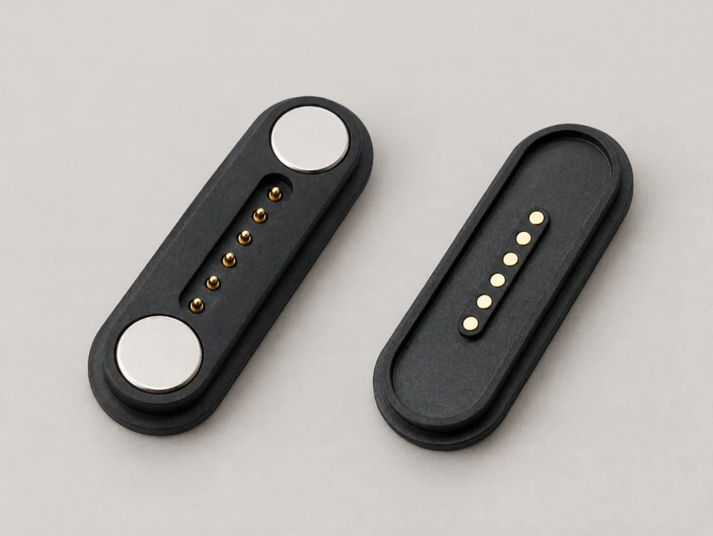 Six-contact black capsule mating connectors with original circular end magnets.