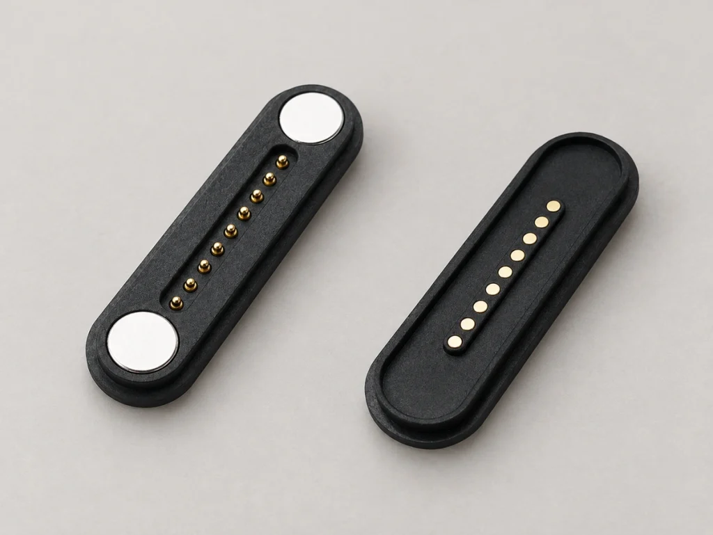 Nine-contact black capsule mating connectors with original circular end magnets.