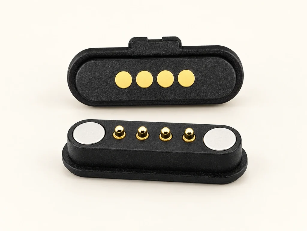 Four-contact black mating pair with tabbed pad half and circular end magnets on the pin half.