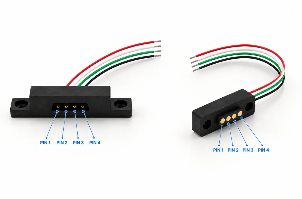 Four-contact mounting connectors with separate red, white, green and black wires and PIN 1 to PIN 4 labels.