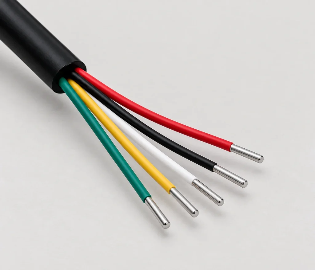 Stripped five-conductor cable with separate red, black, white, yellow and green wires and five tinned ends.