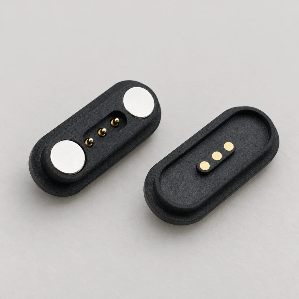 Three-contact black capsule mating connectors with circular end magnets on the pin half.