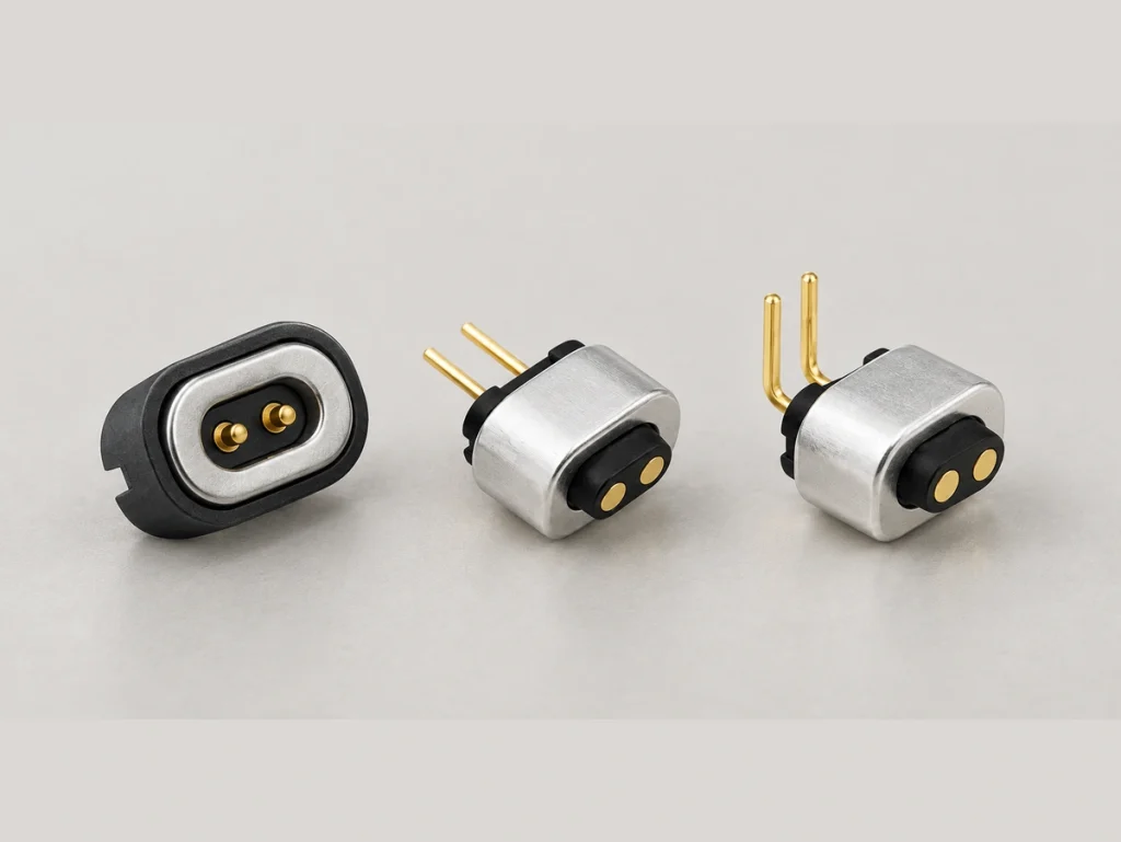 Two-contact magnetic connector and two original silver PCB receptacle variants.