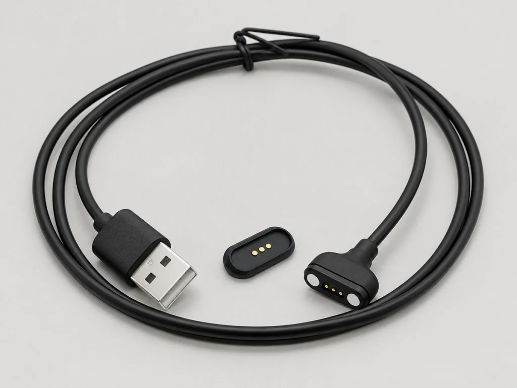 Complete three-contact USB-A magnetic cable with wide rear-entry head and separate three-pad receptacle.