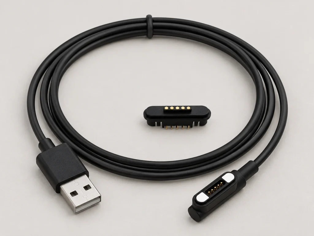 Complete five-contact USB-A side-entry magnetic cable and its original five-pad PCB receptacle.