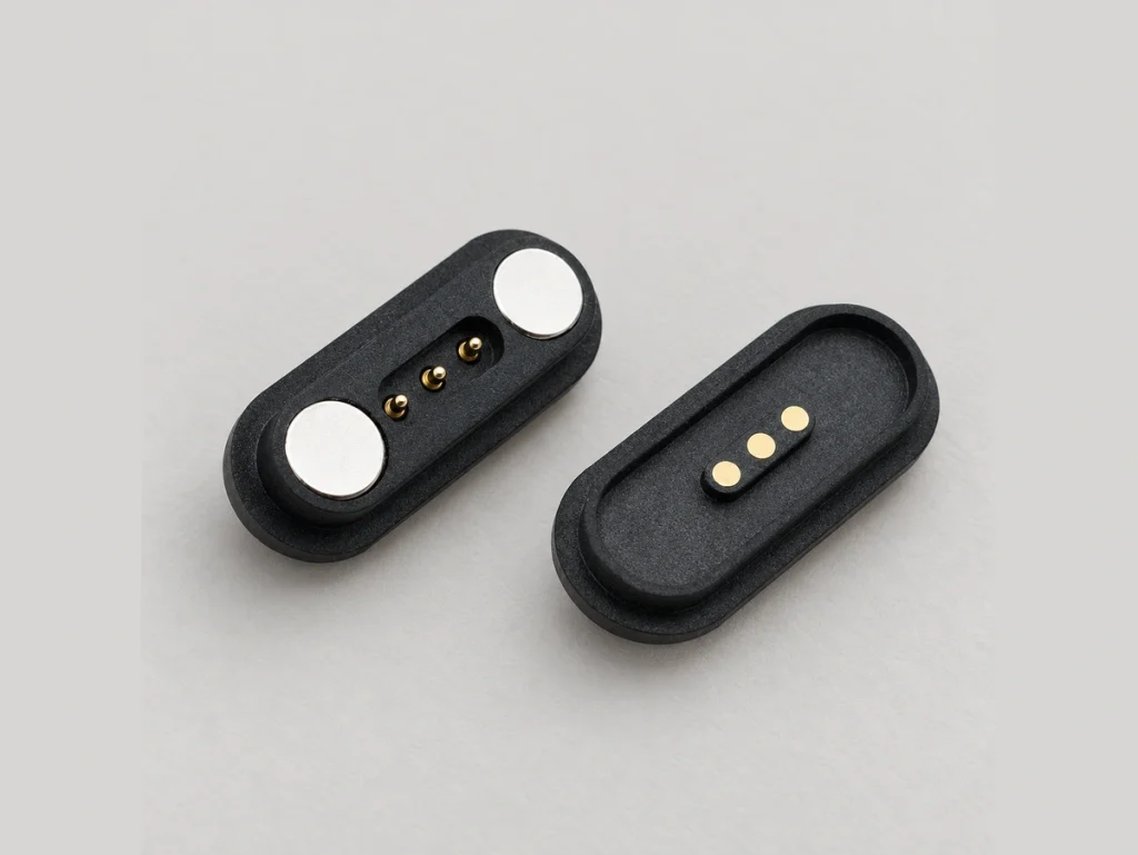 Three-contact black capsule mating connectors with circular end magnets on the pin half.