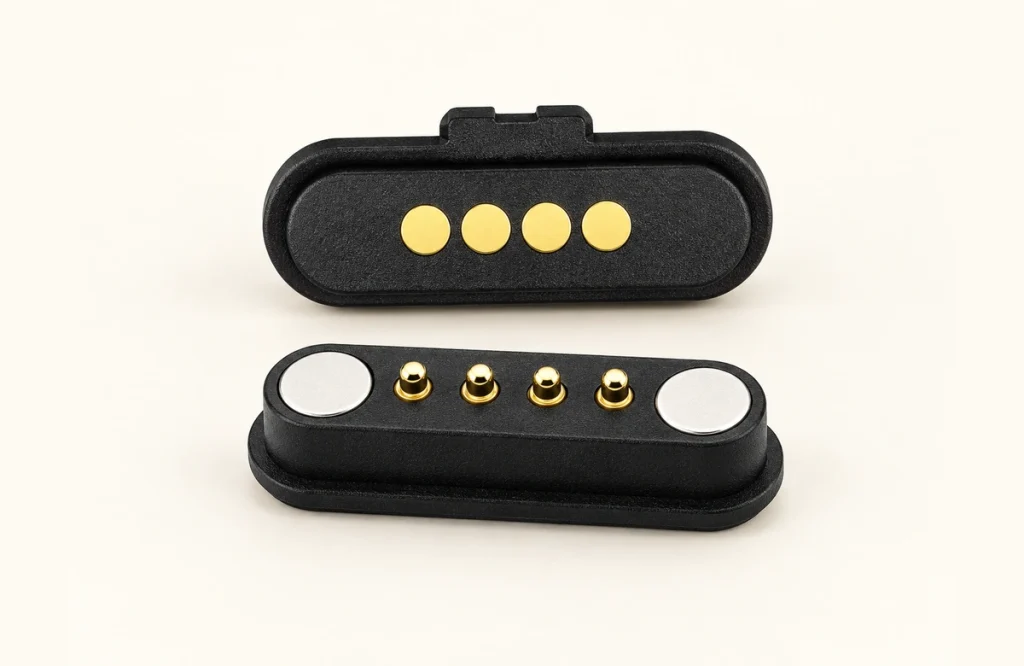 Four-contact black mating pair with tabbed pad half and circular end magnets on the pin half.