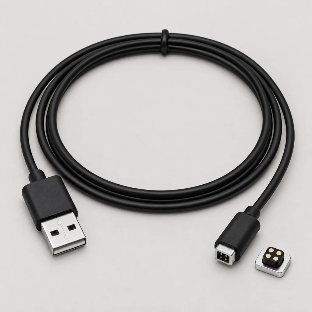 Complete four-contact USB-A magnetic cable with original square two-by-two head and matching square receptacle.